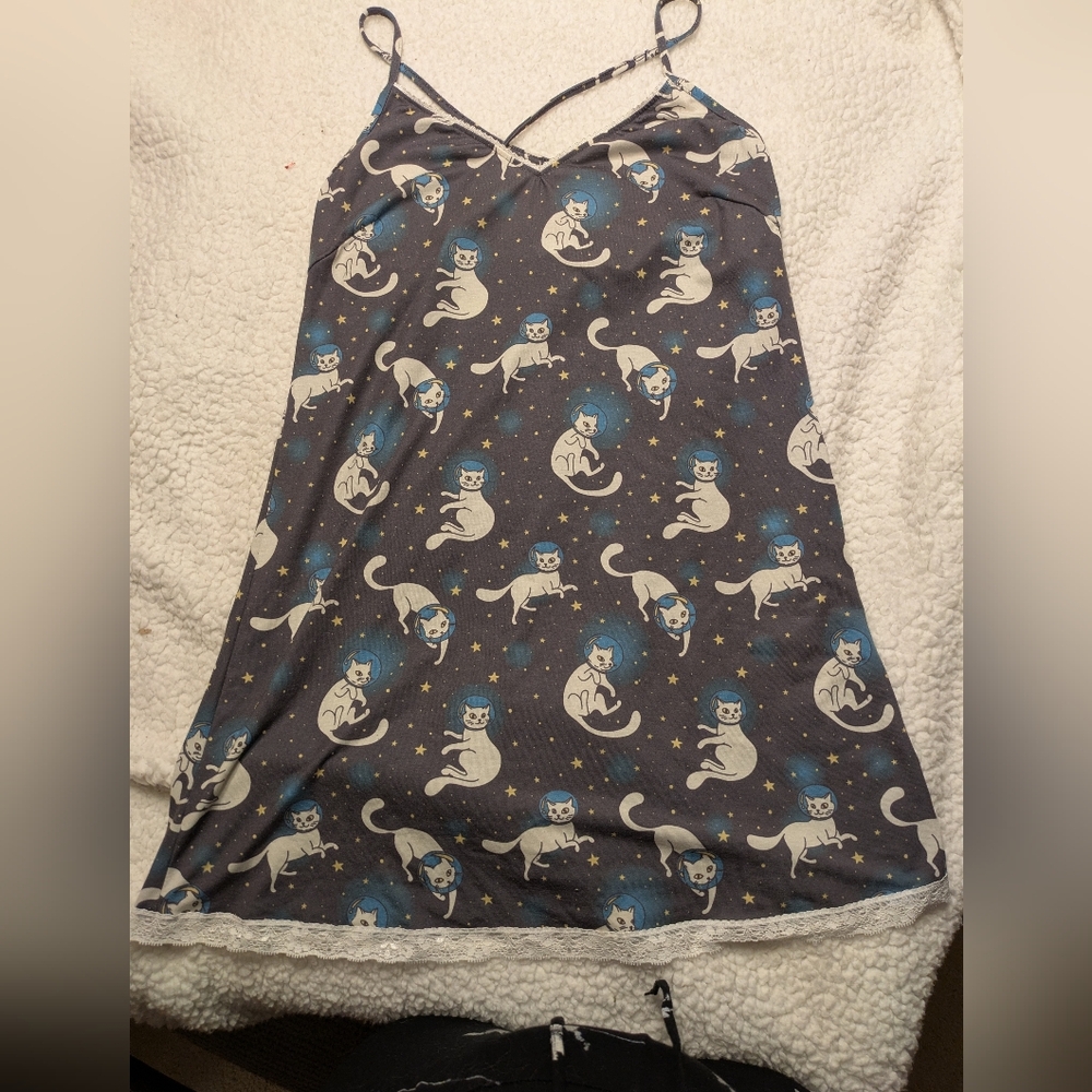 Modcloth Breakfast For Dinner Cat Print Nightgown with Lace Trim